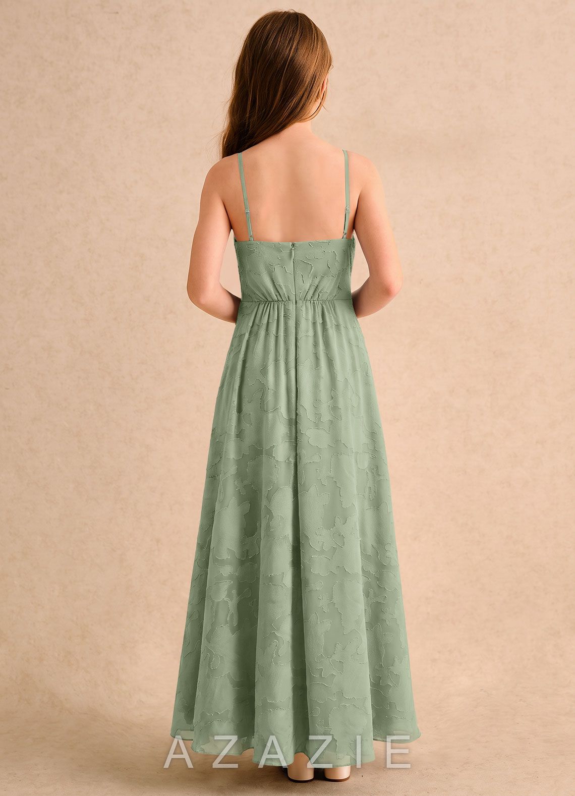 Azazie Twilight Girls Formal Dusty Sage A-Line Pleated Floral Burnout Dress