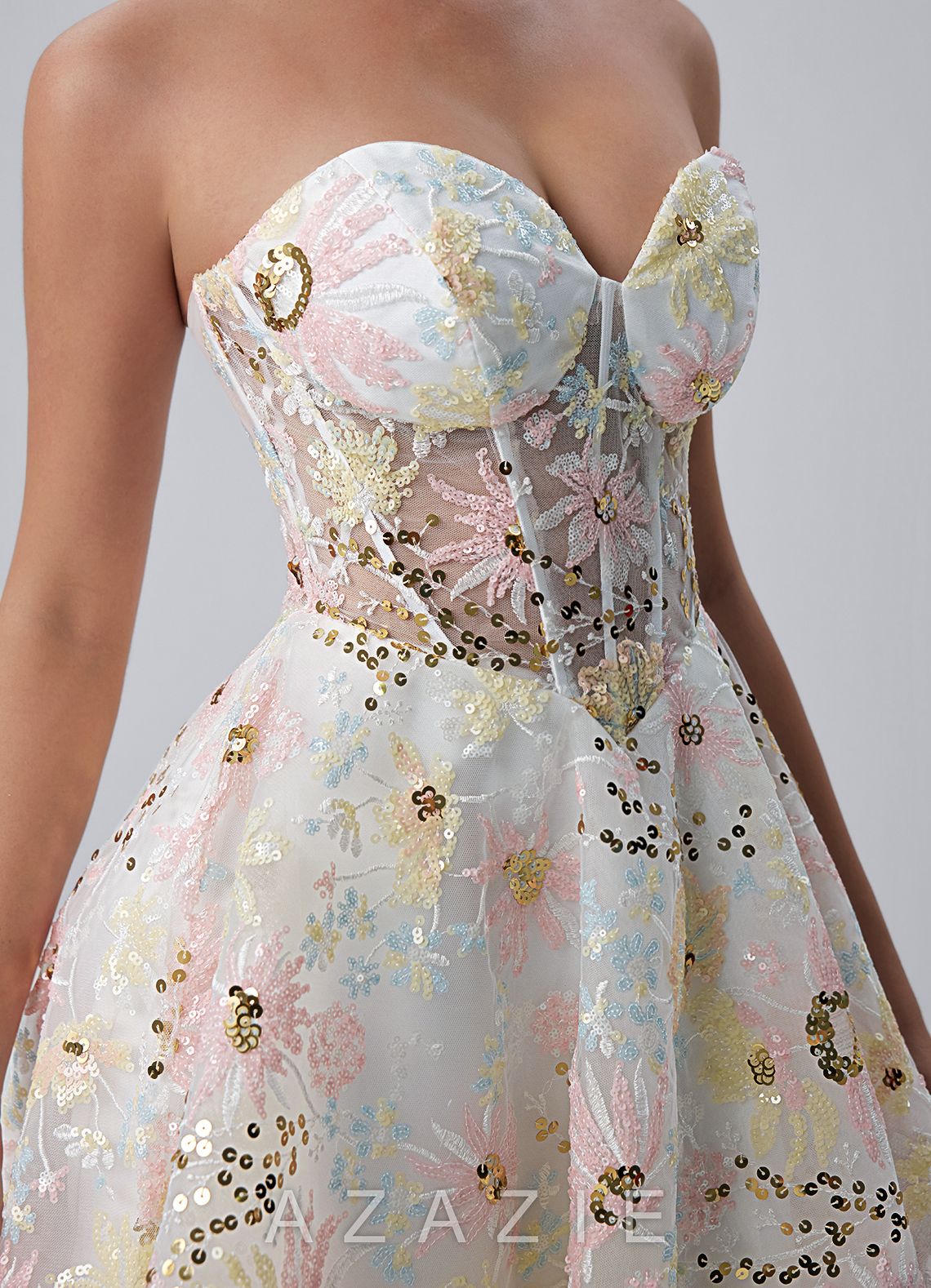 Julienne Ivory Strapless Floral Sequin Corset Skater Mini Dress