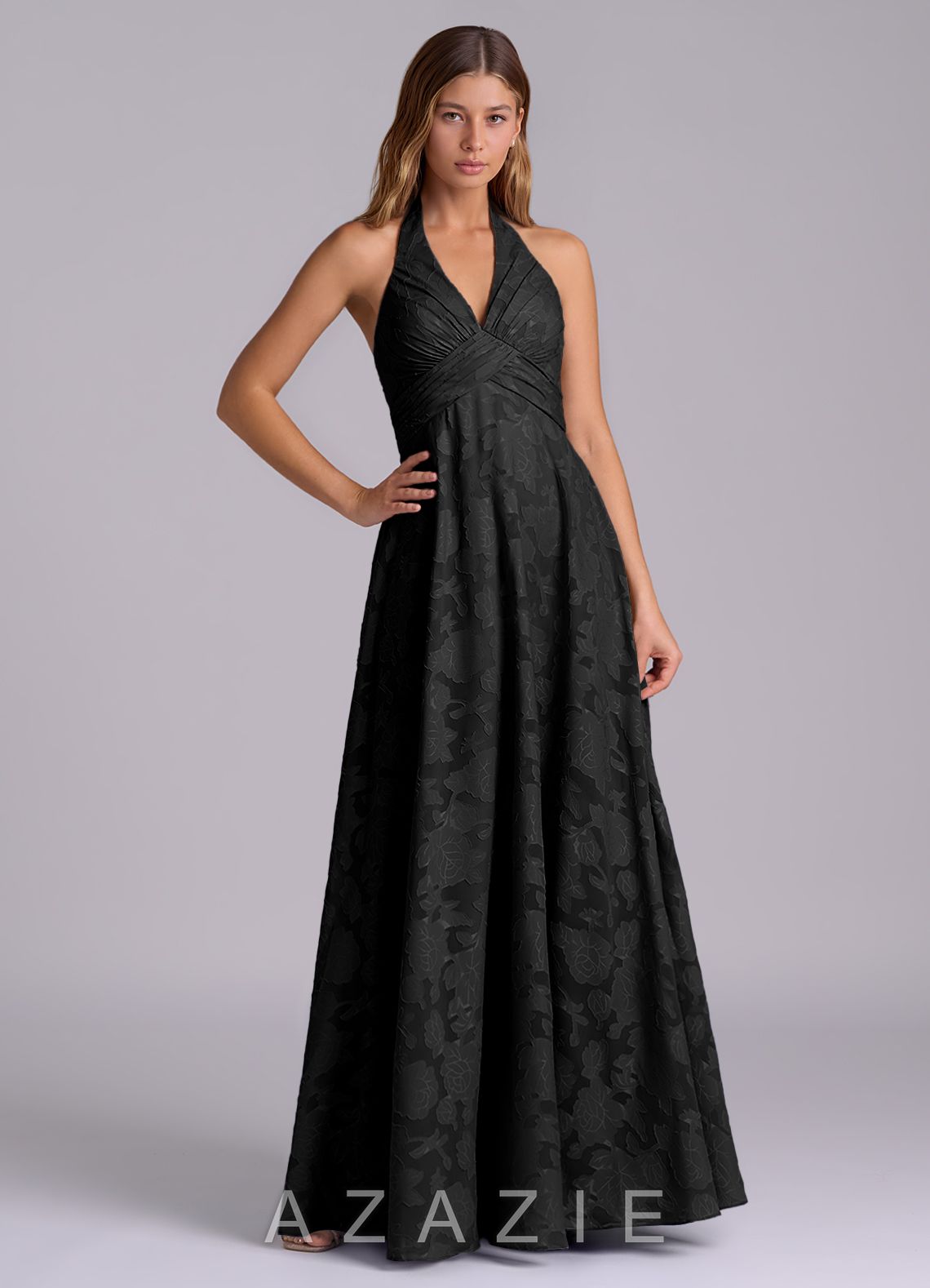 Azazie Tessie Black A-Line Pleated Floral Burnout Dress