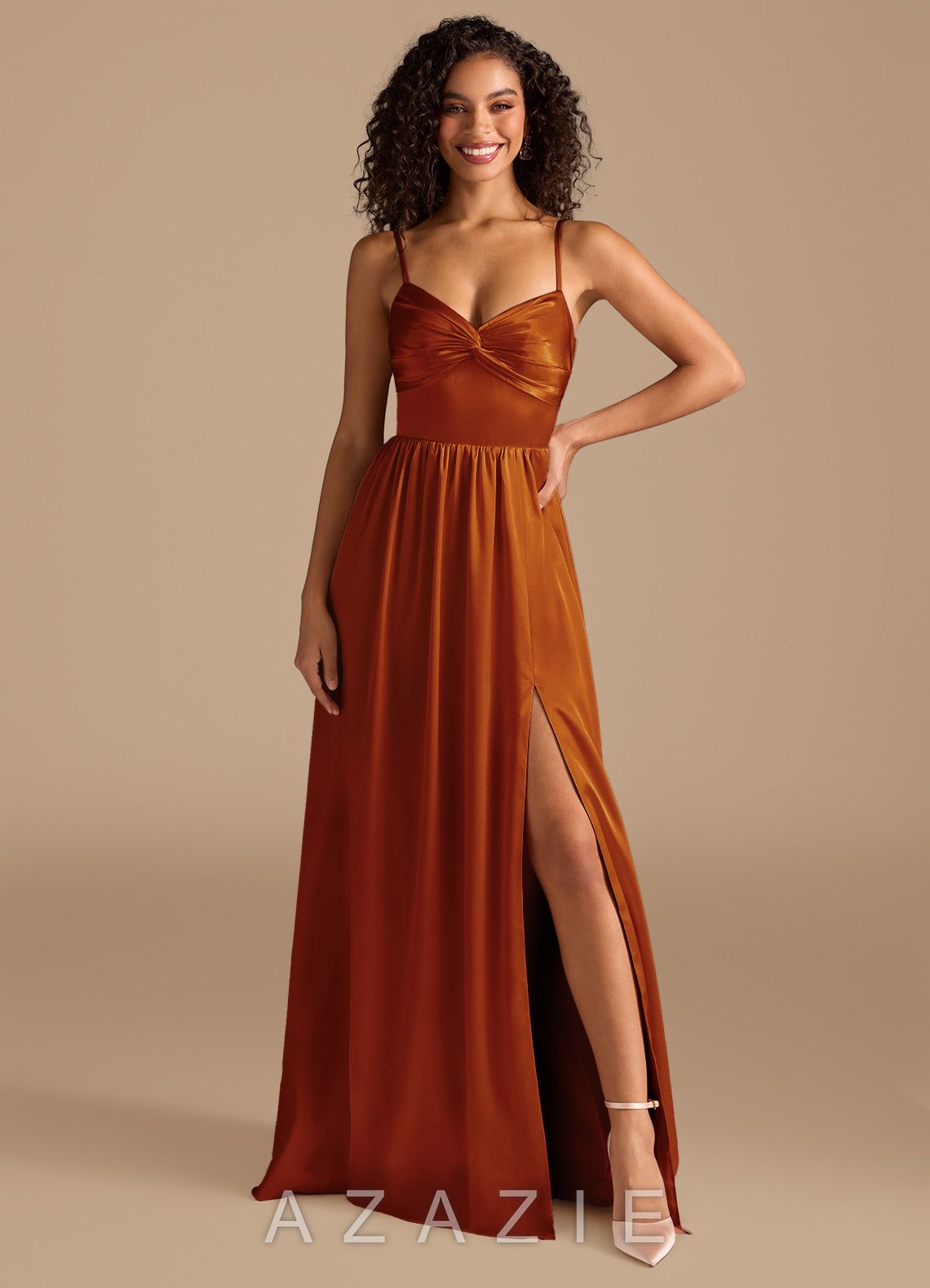 Azazie Zeya Auburn A-Line Pleated Metallic Satin Dress auburn