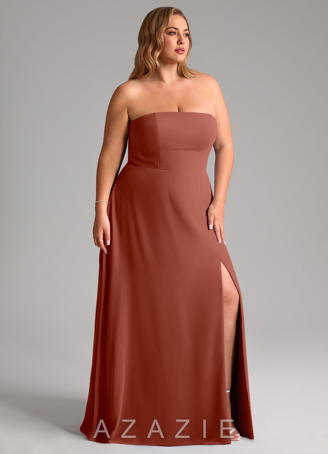Azazie Wren Auburn A-Line Side Slit Chiffon Convertible Dress auburn