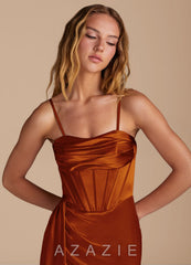 Azazie Amyra Auburn Mermaid Sweetheart Neckline Metallic Satin Convertible Dress auburn