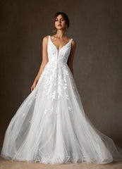 Azazie Sorella Wedding Dress Diamond White A-Line V-Neck Sequins Tulle Dress