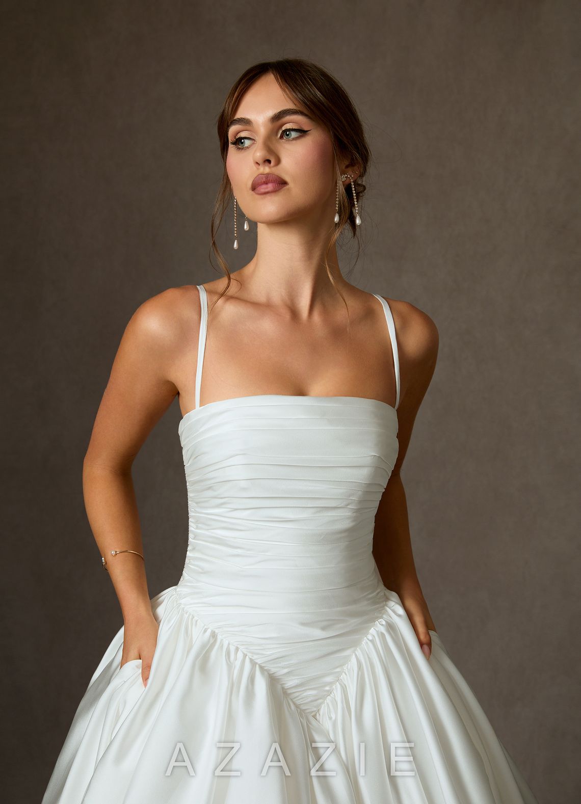 Azazie Shae Diamond White Ball-Gown Strapless Stretch Satin Dress