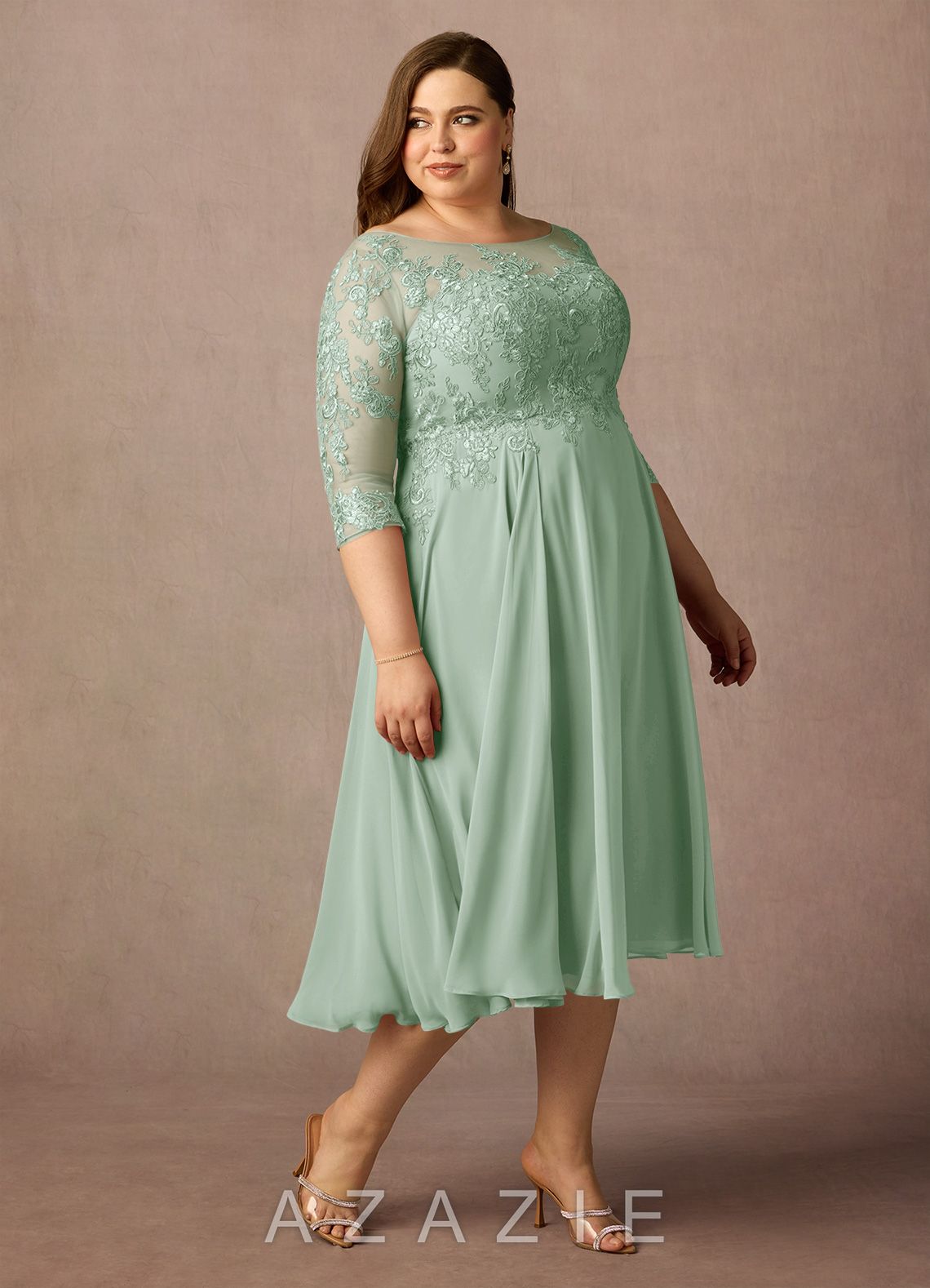 Azazie Marge Agave A-Line Scoop Lace Chiffon Dress agave