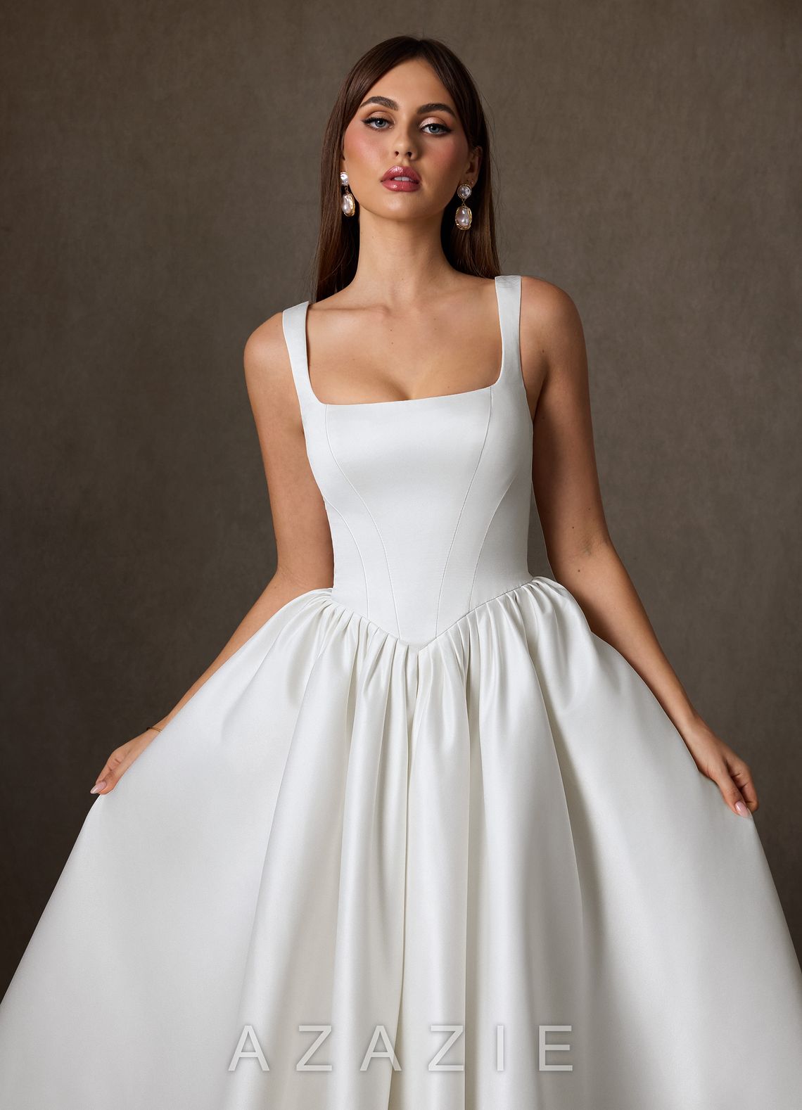 Azazie Verina Diamond White A-Line with Pockets Satin Dress