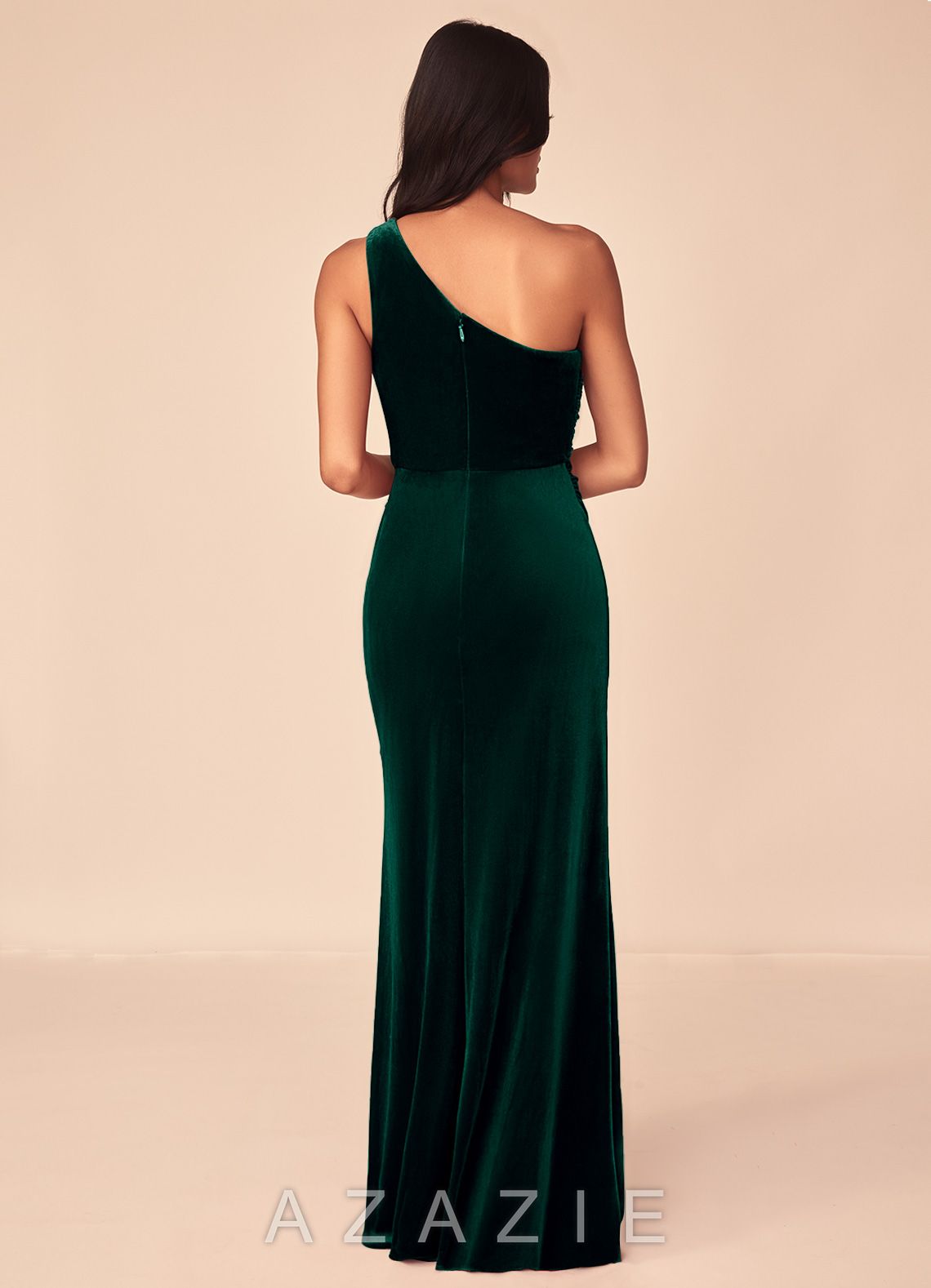 Azazie Argan Emerald Mermaid One Shoulder Pleated Velvet Dress emerald