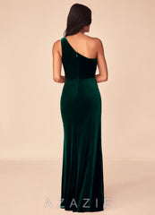 Azazie Argan Emerald Mermaid One Shoulder Pleated Velvet Dress emerald