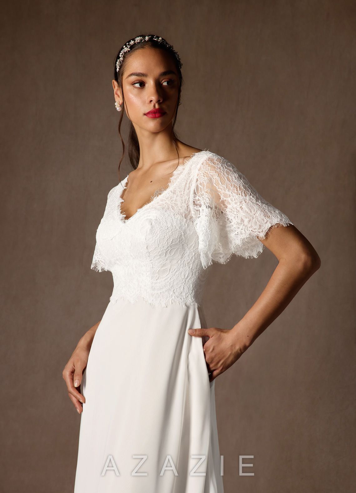 Azazie Veradis Wedding Dress Diamond White A-Line V-Neck lace Chiffon Dress diamond_white