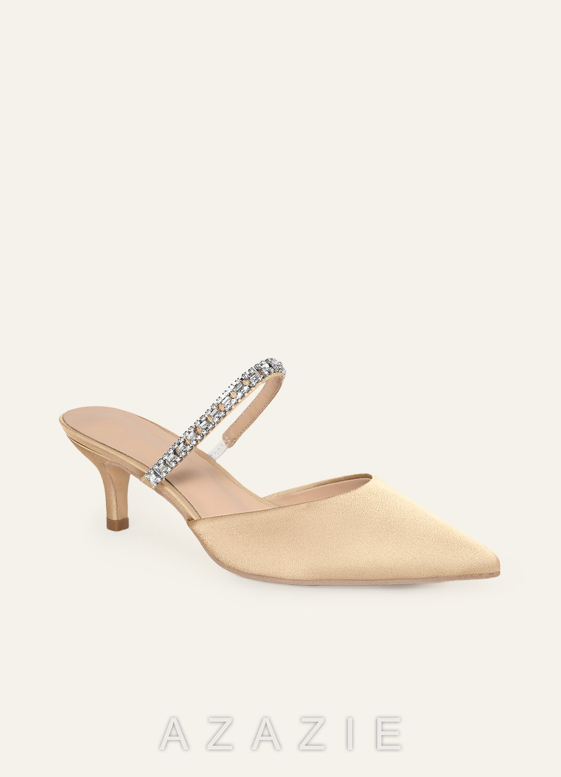 Matching Color Stretch Satin Rhinestone Slip-on Kitten Heels  champagne