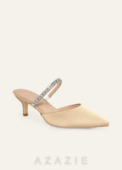 Matching Color Stretch Satin Rhinestone Slip-on Kitten Heels  champagne