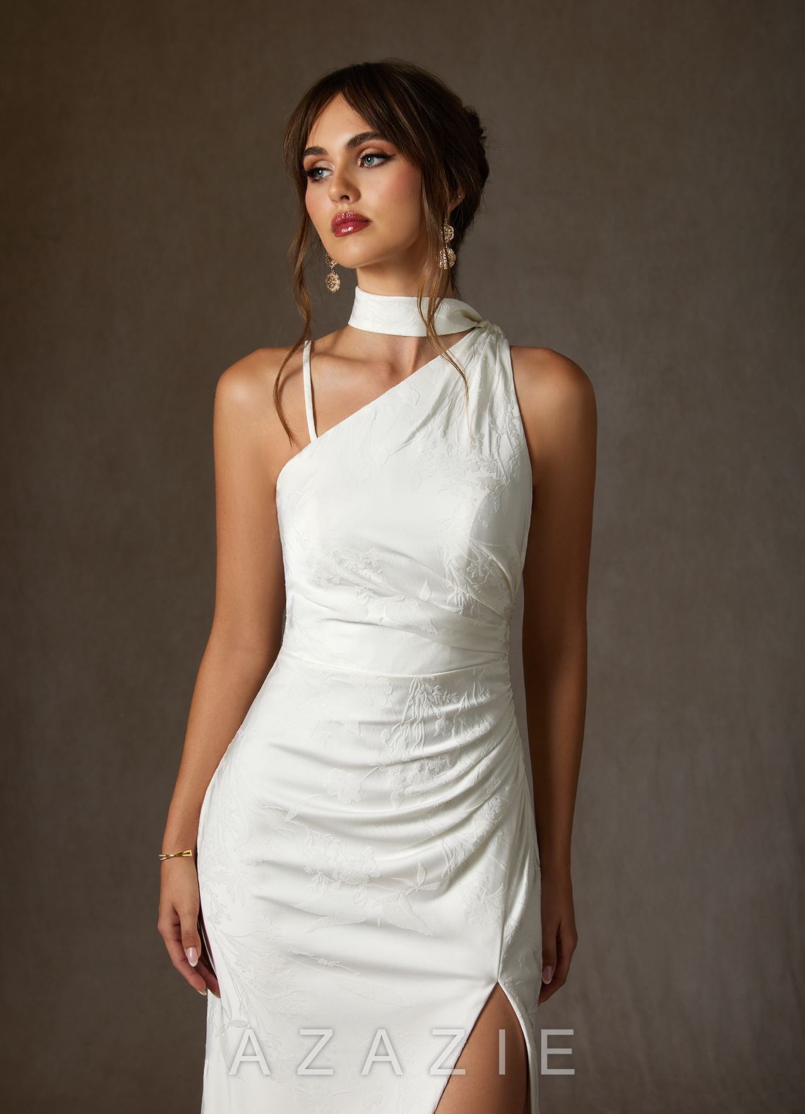 Azazie Misty Diamond White Sheath One Shoulder Floral Jacquard Dress diamond_white