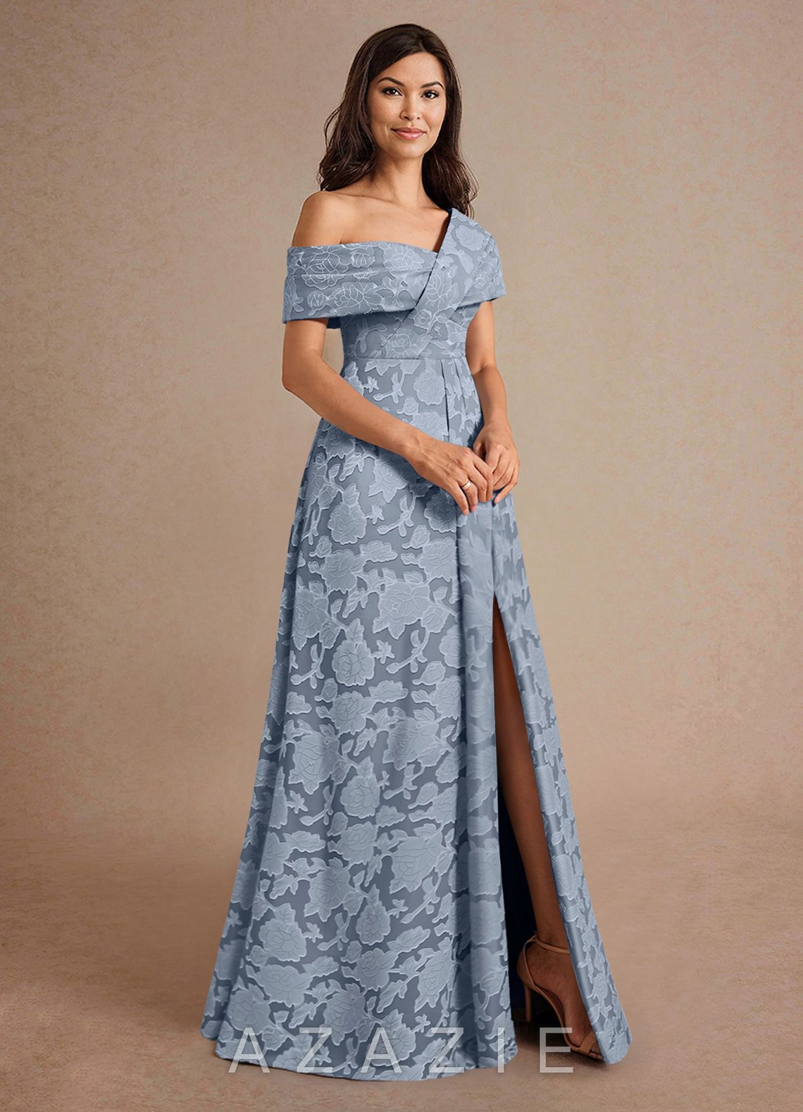 Azazie Milton Dusty Blue A-Line Pleated Floral Burnout Dress dusty_blue