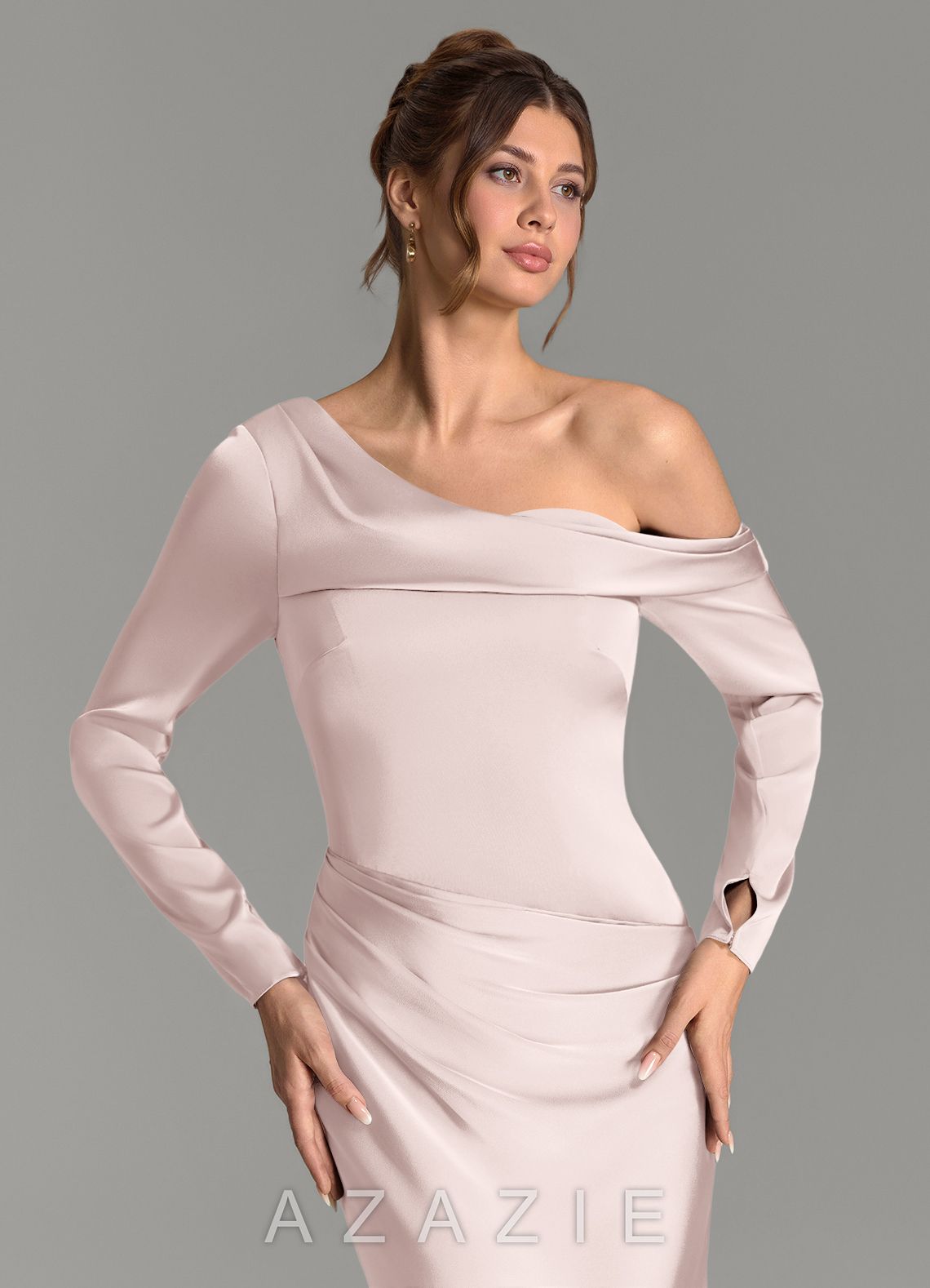 Azazie Sandra Blushing Pink Mermaid Long Sleeve Stretch Satin Dress blushing_pink