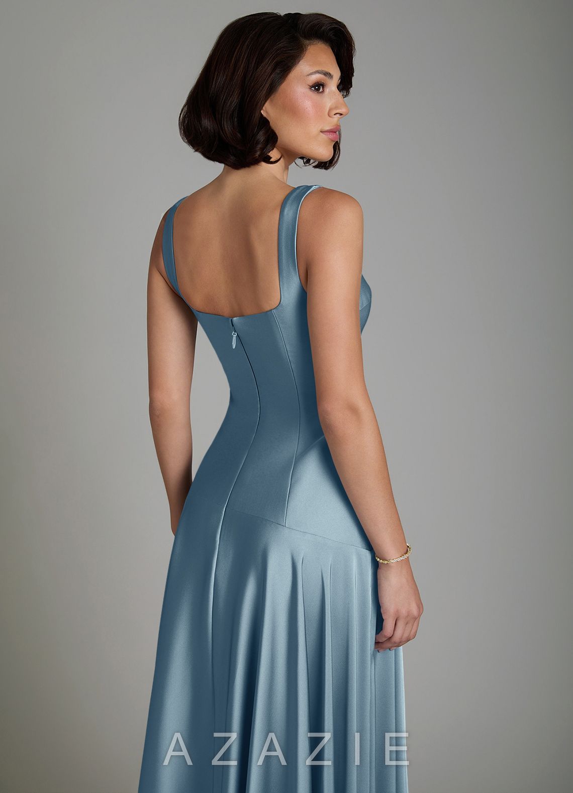 Azazie Reina Dusty Blue A-Line Pleated Stretch Satin Dress dusty_blue