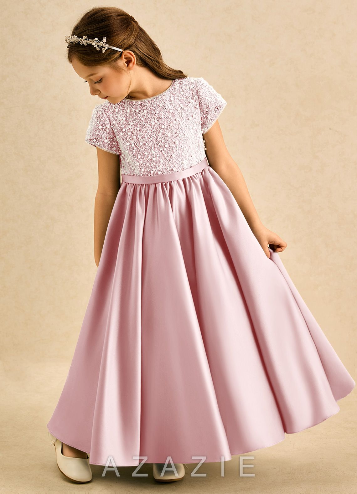 Azazie Cashew Powder Pink Ball-Gown with Sleeves Matte Satin Dress powder_pink