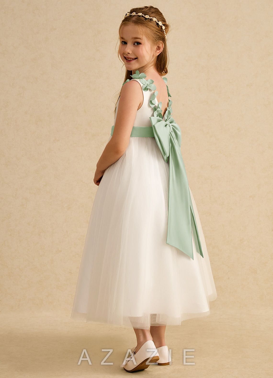 Azazie Lilli Ivory Dusty Sage A-Line Bow Tulle Dress ivory/dusty_sage