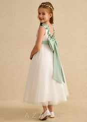 Azazie Lilli Ivory Dusty Sage A-Line Bow Tulle Dress ivory/dusty_sage