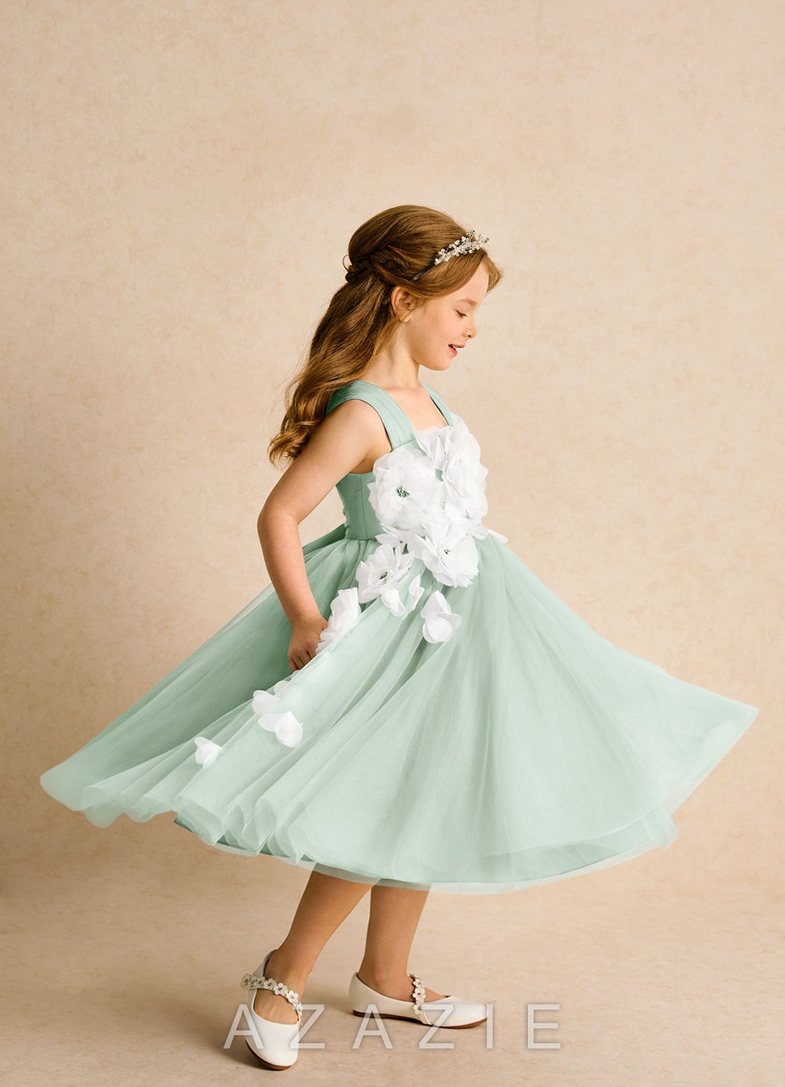 Azazie Dovey Agave Ball-Gown Bow Tulle Dress agave