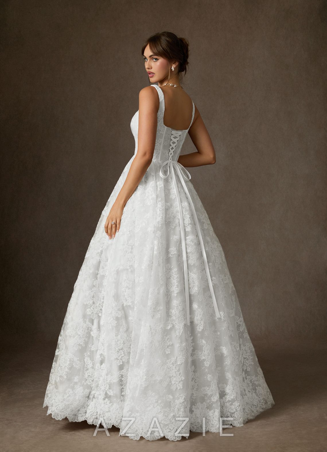 Azazie Geneva Diamond White Ball-Gown Square Neckline Lace Dress diamond_white