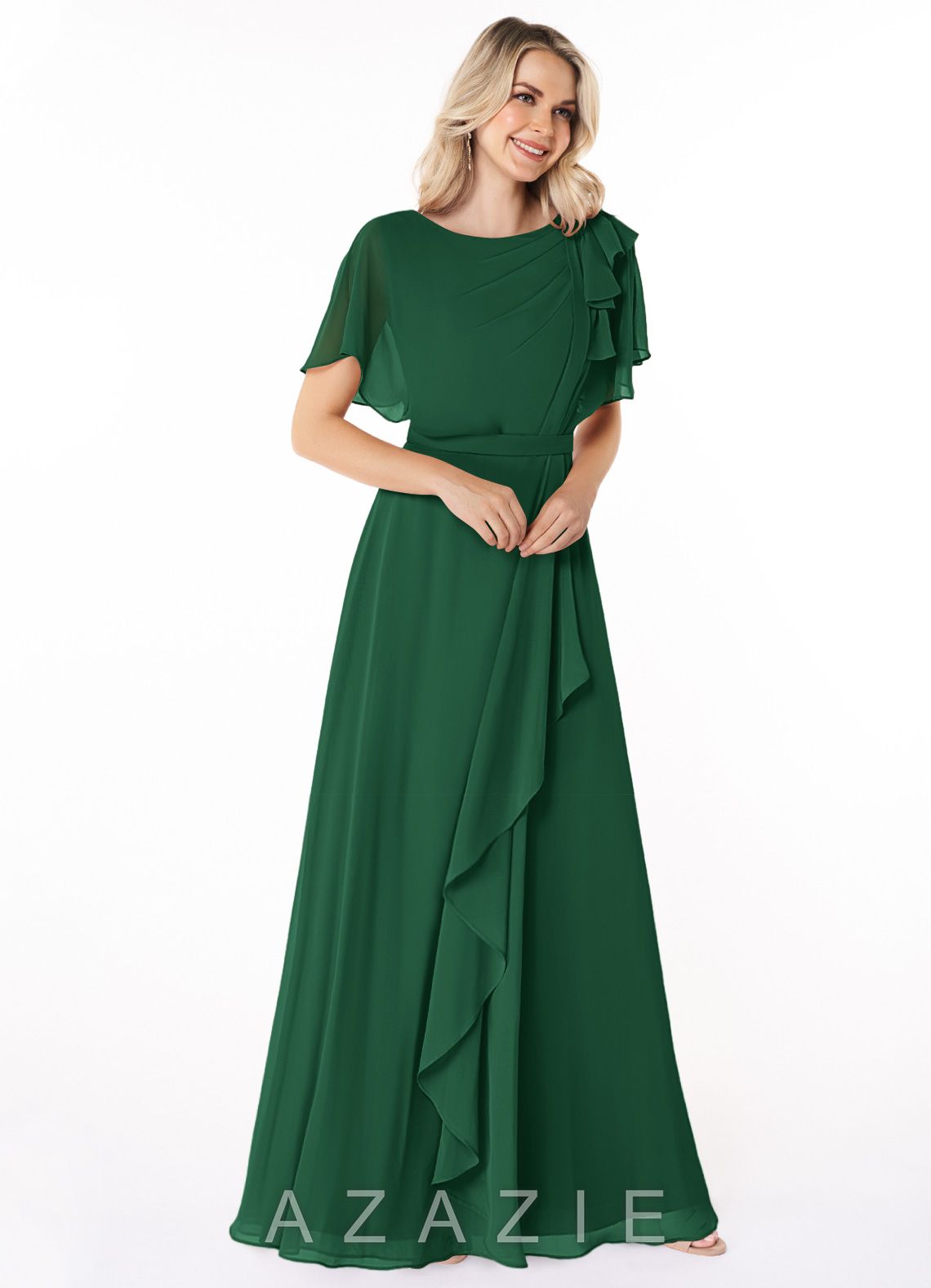 Azazie Aaliyah A-Line Scoop Pleated Chiffon Floor-Length Dress dark_green