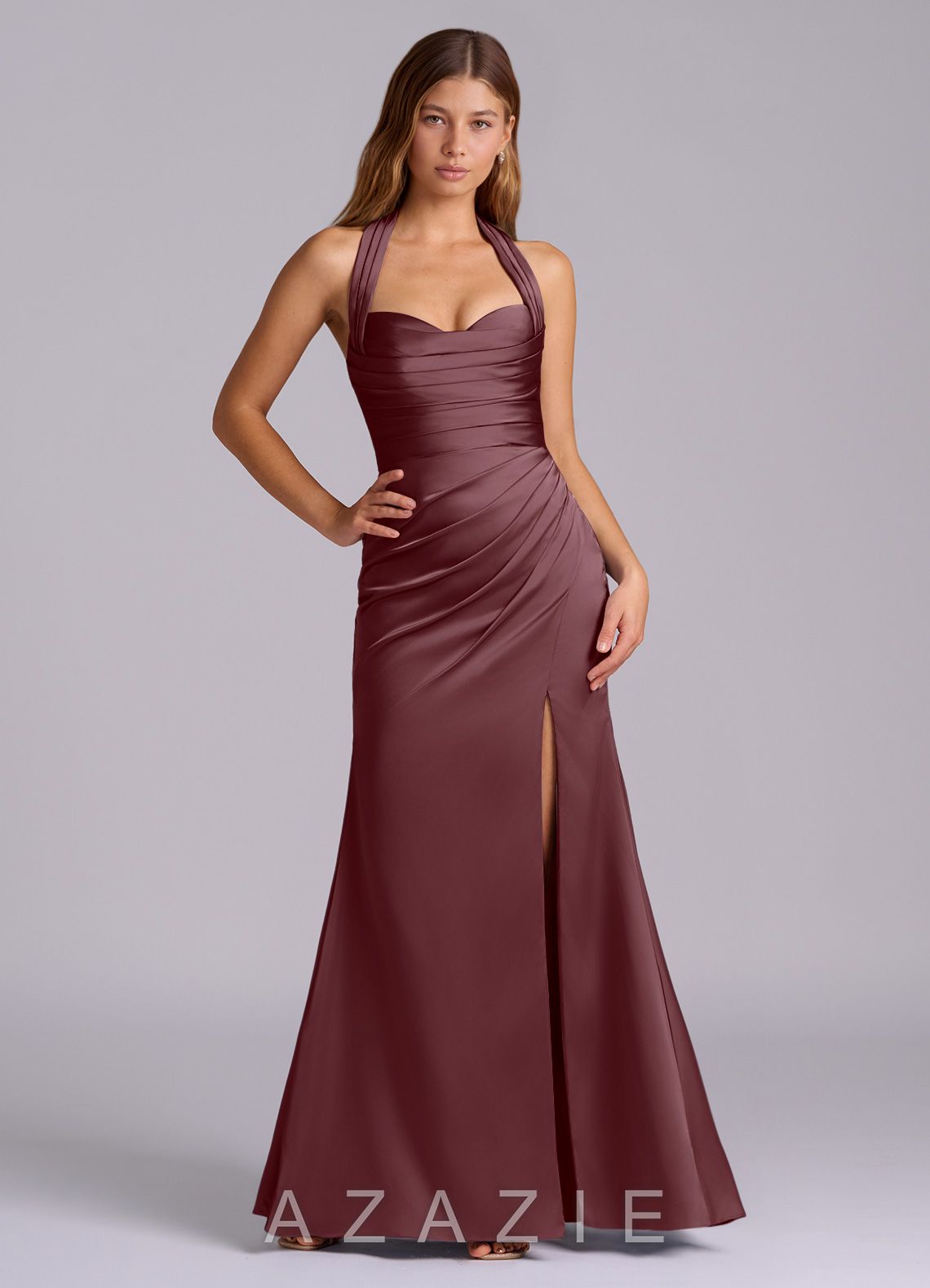 Azazie Destiny Sangria Mermaid Sweetheart Neckline Stretch Satin Dress sangria