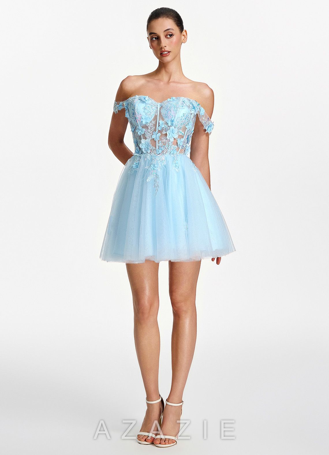 Eudaimonia Light Blue 3D Flower Sequin Embroidery Corset Off-the-Shoulder Tulle 