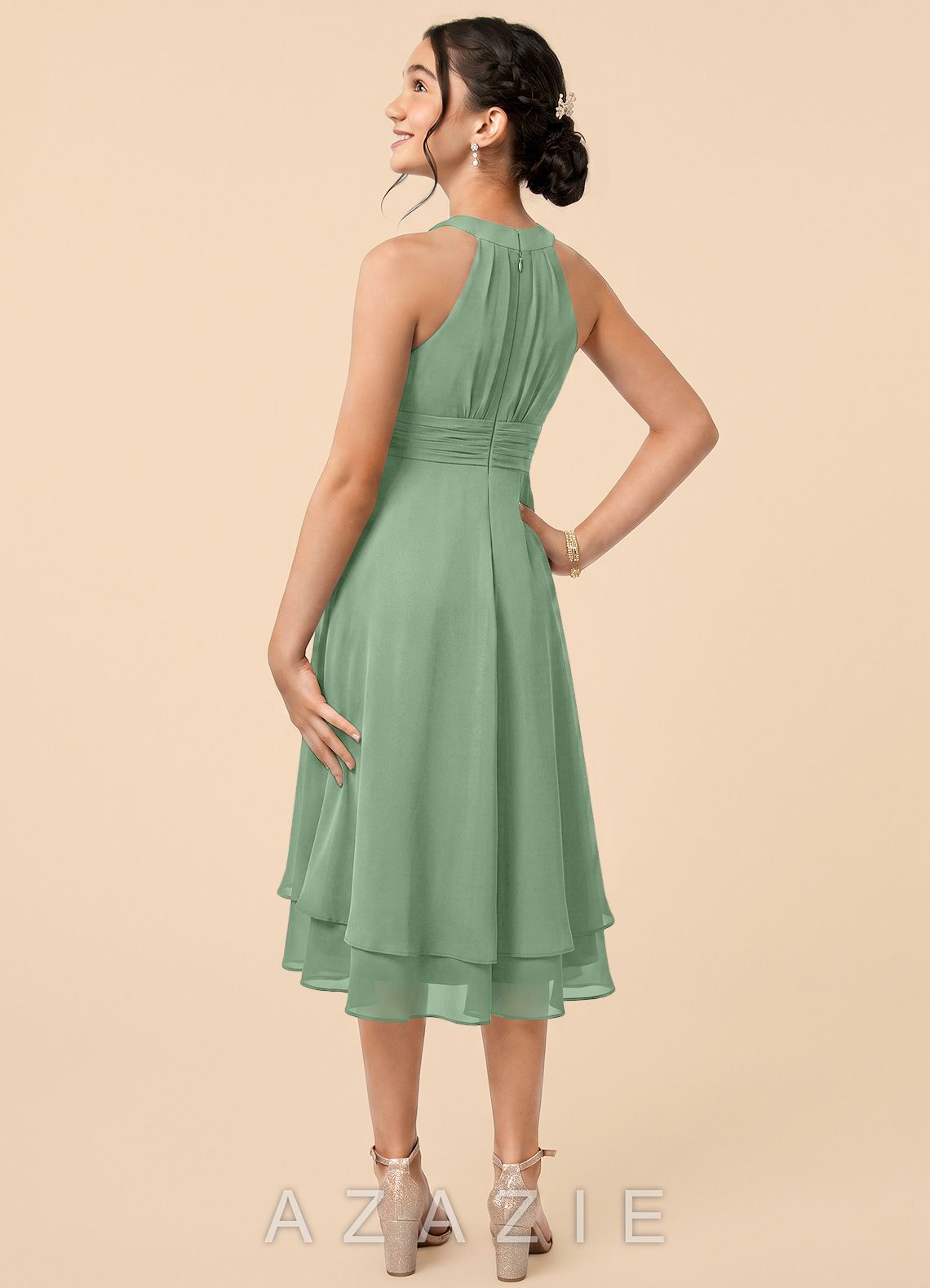 Azazie Linna Junior Matcha A-Line Pleated Chiffon Dress matcha