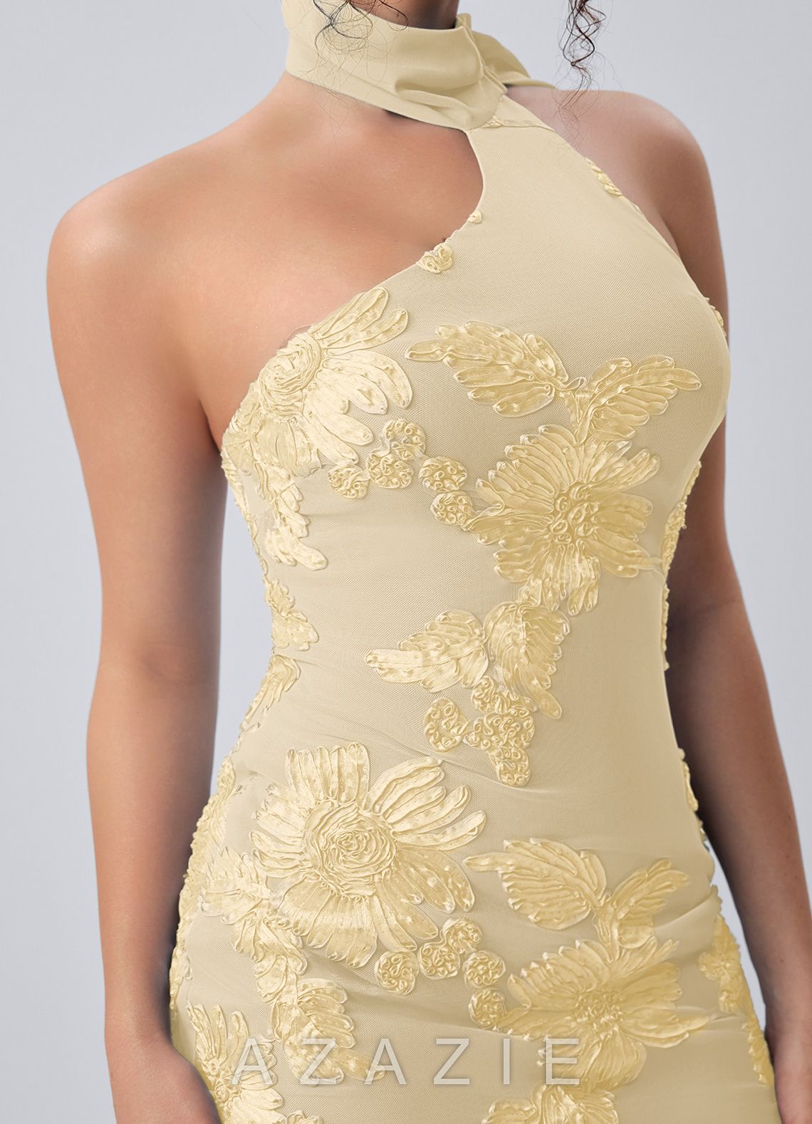 Helene Lemon Sorbet Halter 3D Floral Mesh Open Back Mini Dress