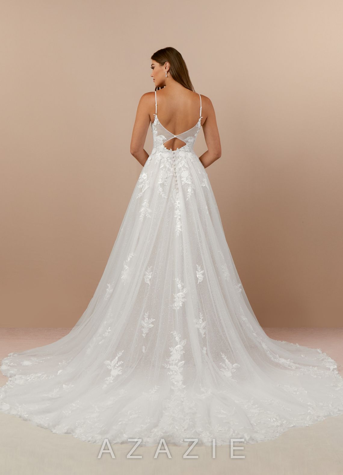 Azazie Arabelle Wedding Dress Diamond White A-Line V-Neck Lace Tulle Dress diamond_white
