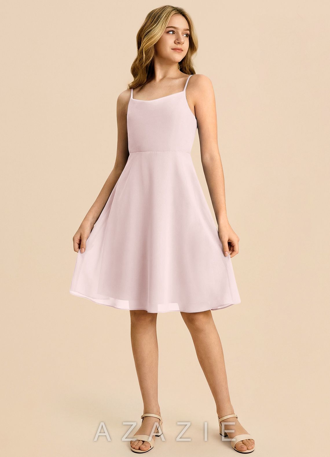 Azazie Shale Junior Blushing Pink A-Line Bow Chiffon Dress blushing_pink