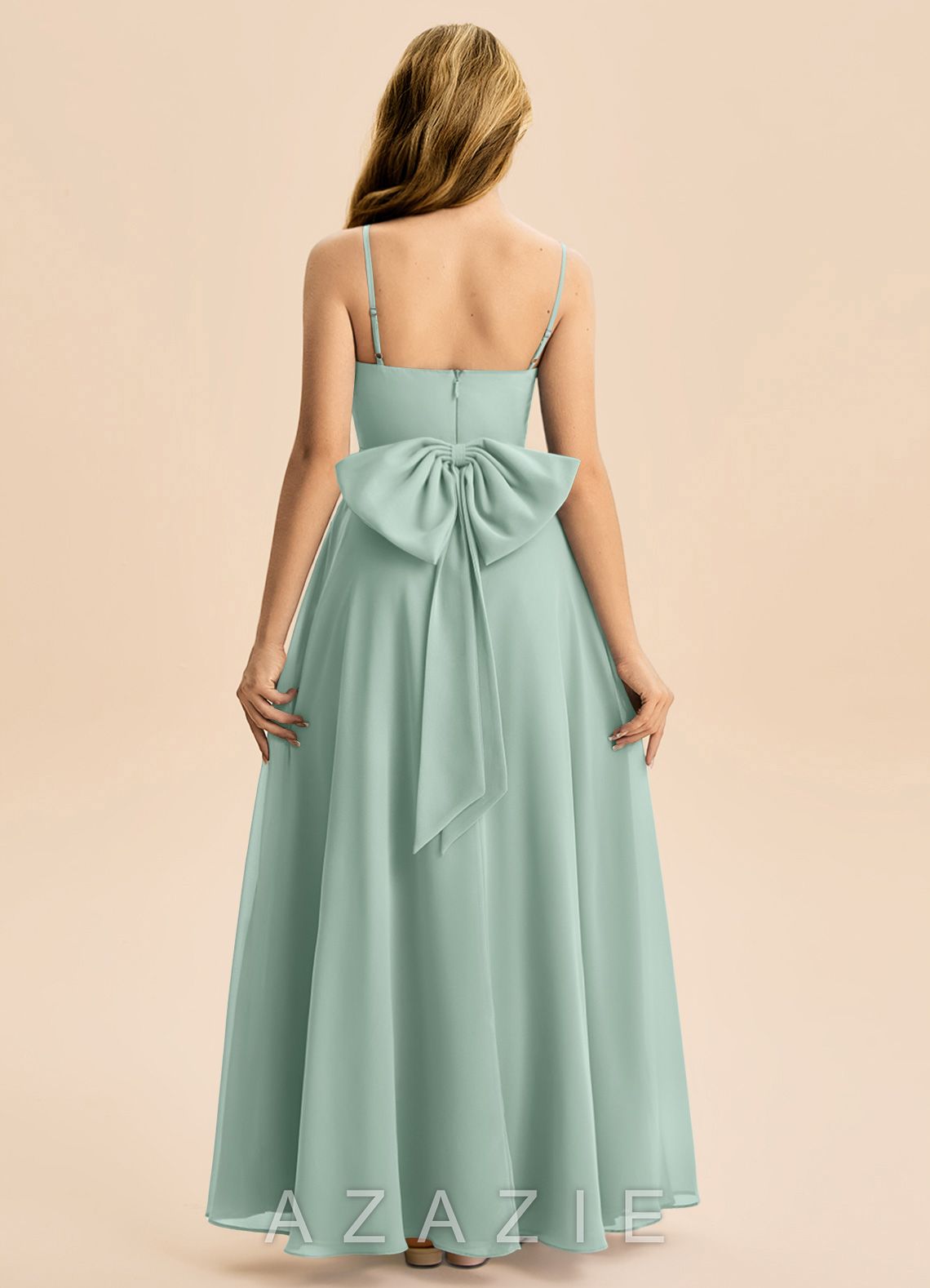 Azazie Bear Junior Agave A-Line Pleated Chiffon Dress agave