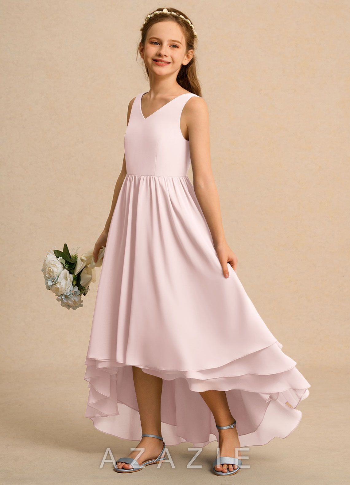 Azazie Kitten Girls Formal Blushing Pink A-Line Chiffon Dress
