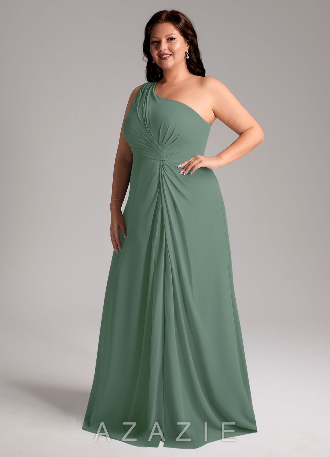 Azazie Brooke Eucalyptus A-Line One Shoulder Chiffon Dress eucalyptus