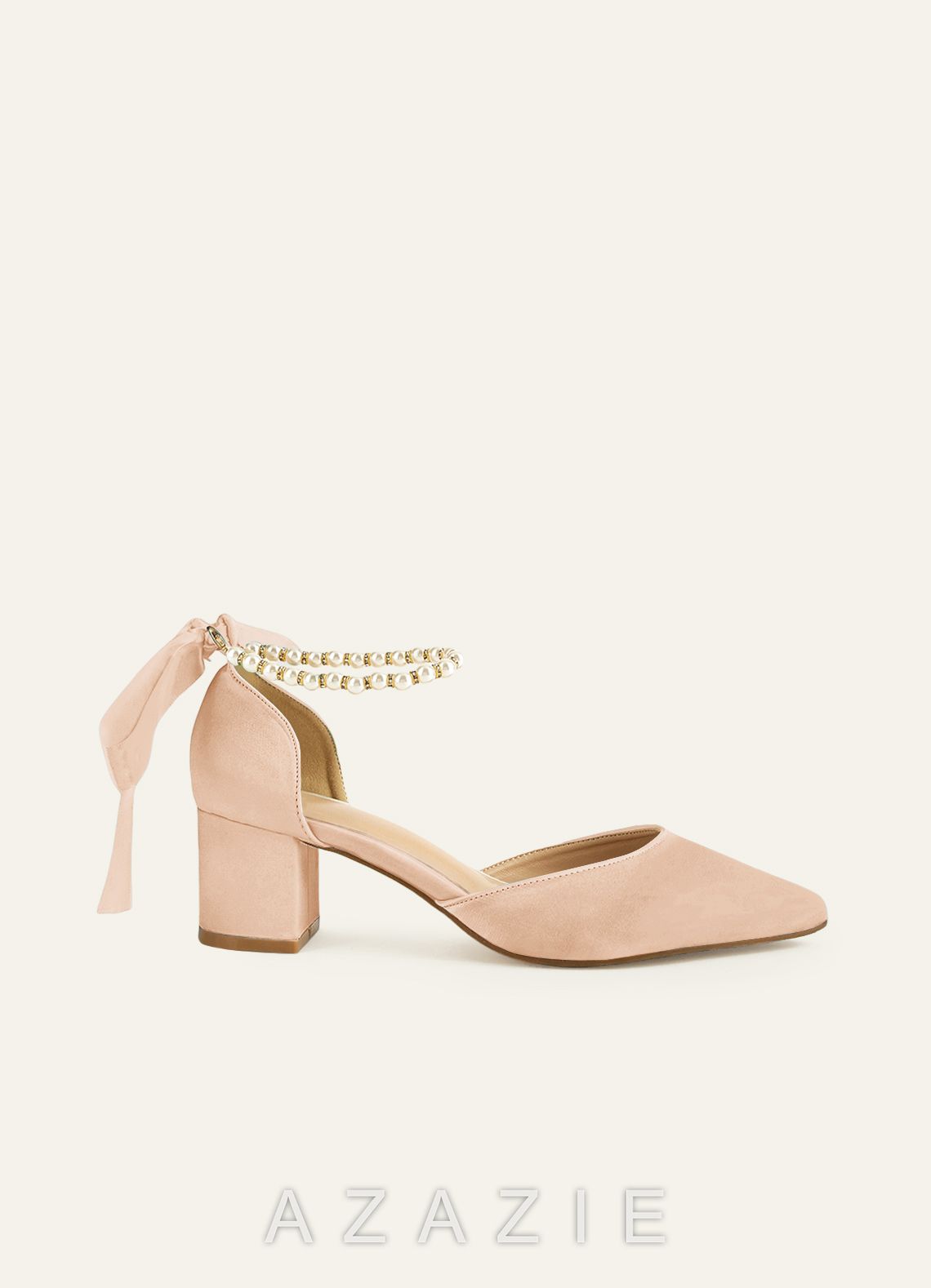 Matching Color Matte Satin Pearl and Bow Pointed Toe Block Heels