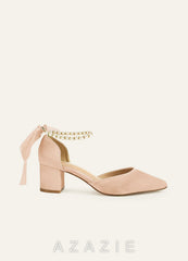 Matching Color Matte Satin Pearl and Bow Pointed Toe Block Heels