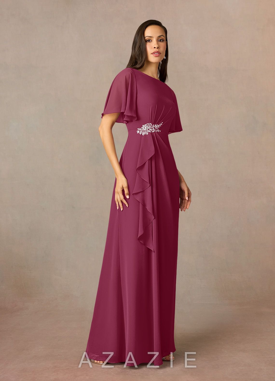 Azazie Rain Mulberry Sheath Beaded Chiffon Dress mulberry