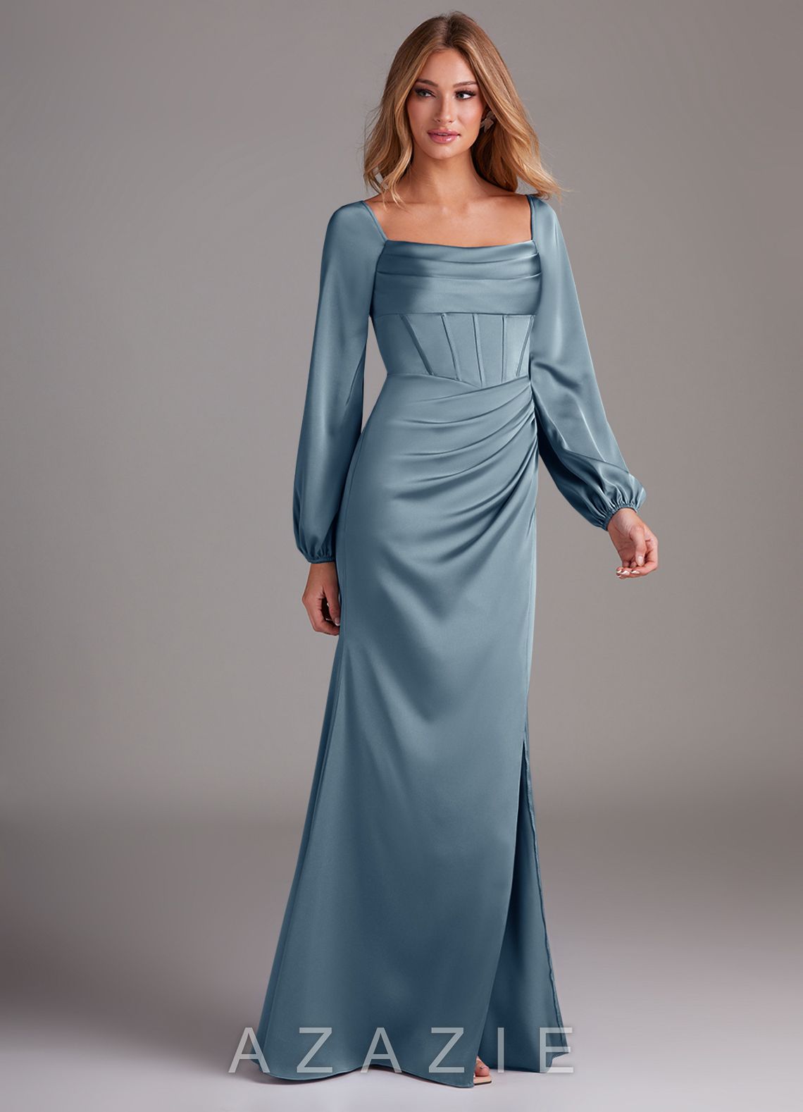 Azazie Charissa Dusty Blue Sheath Long Sleeve Stretch Satin Dress dusty_blue