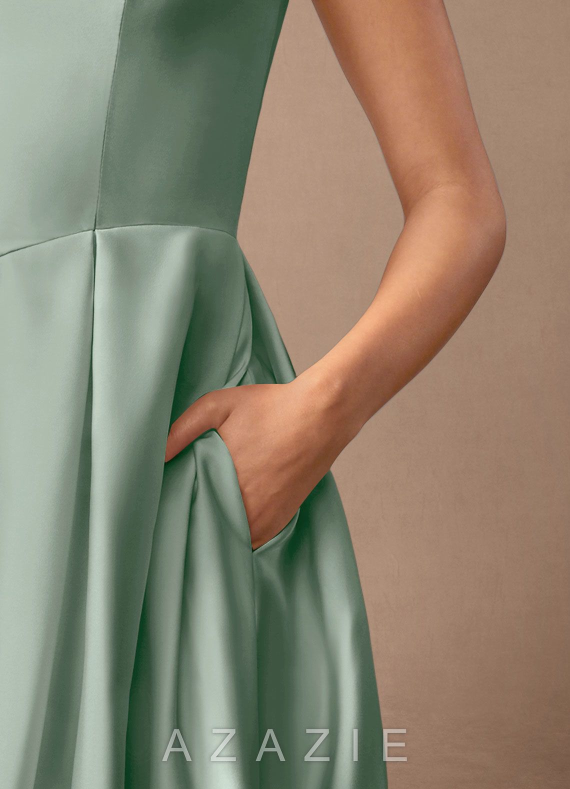 Azazie Fulton Agave A-Line Pleated Stretch Satin Dress agave