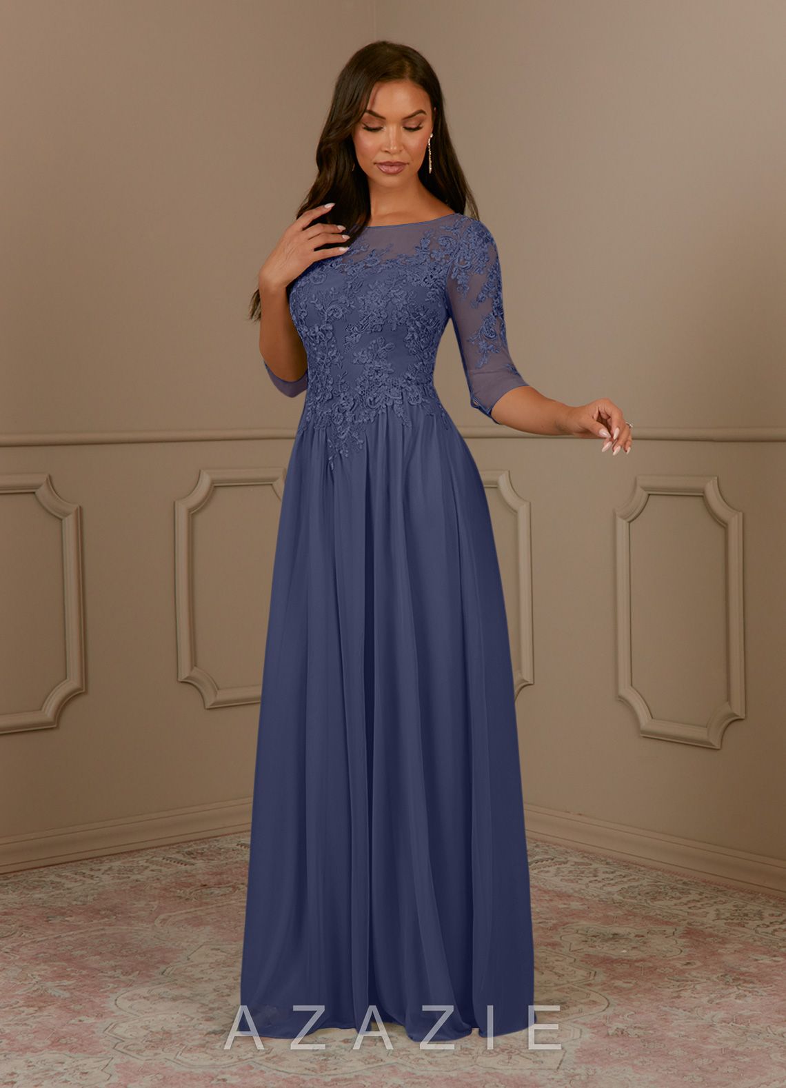 Azazie Harriet Stormy A-Line Scoop lace Mesh Dress stormy