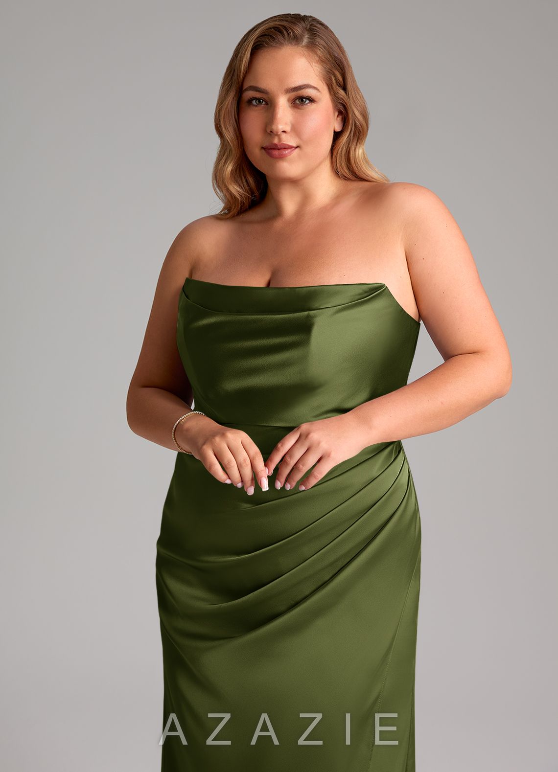 Azazie Leonis Olive Mermaid Pleated Stretch Satin Convertible Dress olive