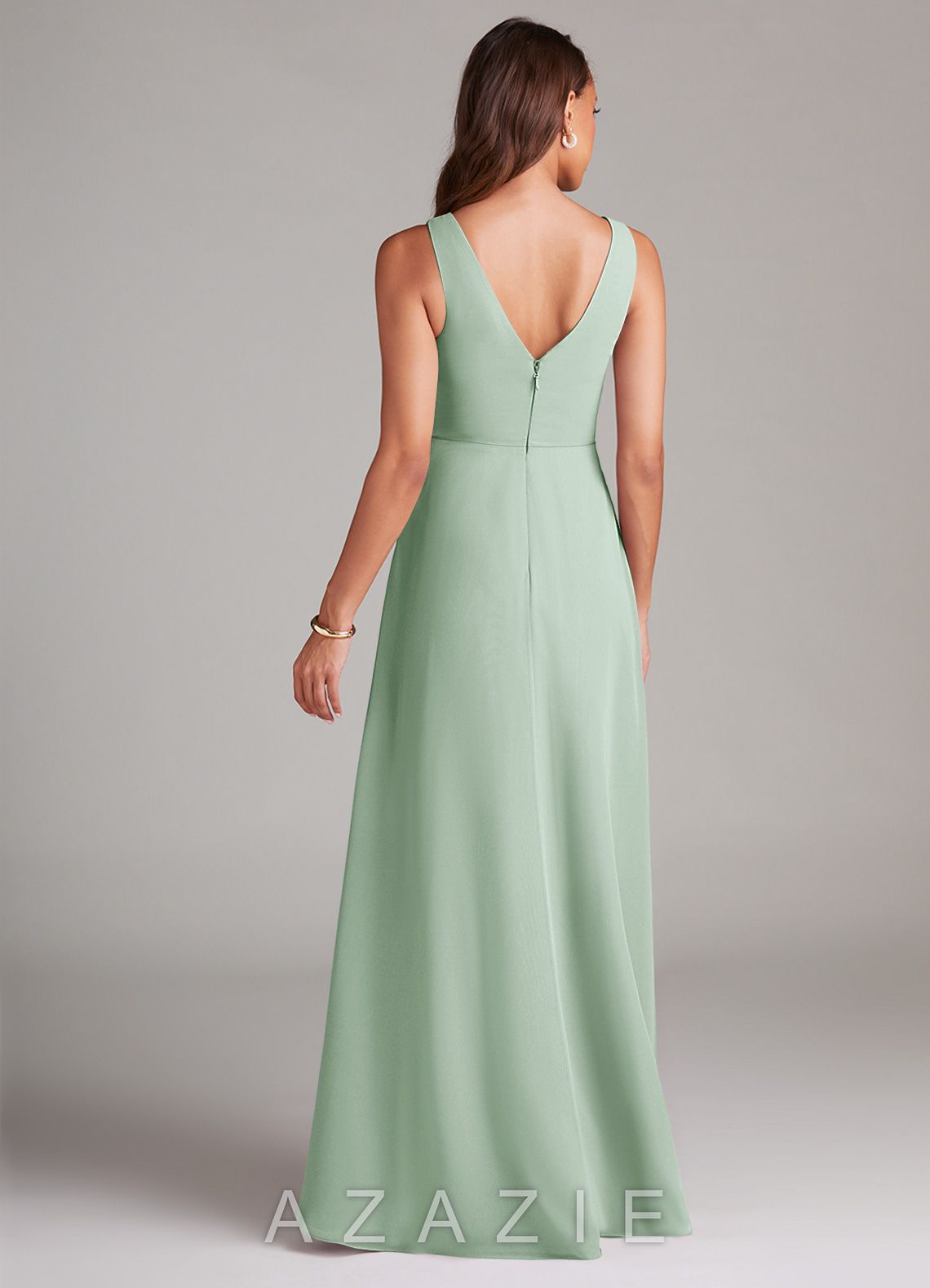 Azazie Nelly Agave A-Line Pleated Chiffon Dress agave