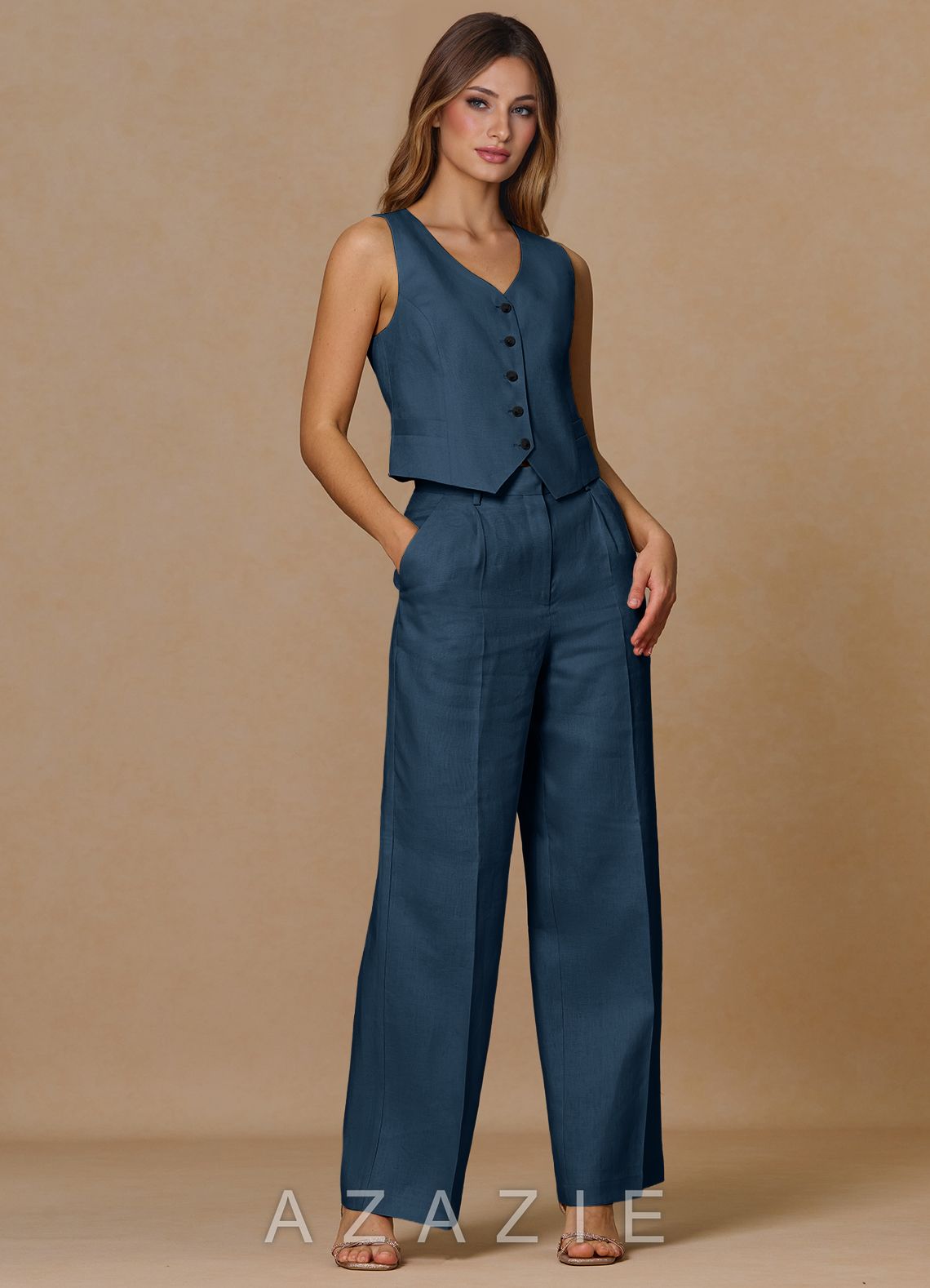 Belicia Dark Navy 100% Linen 3-Piece Suit