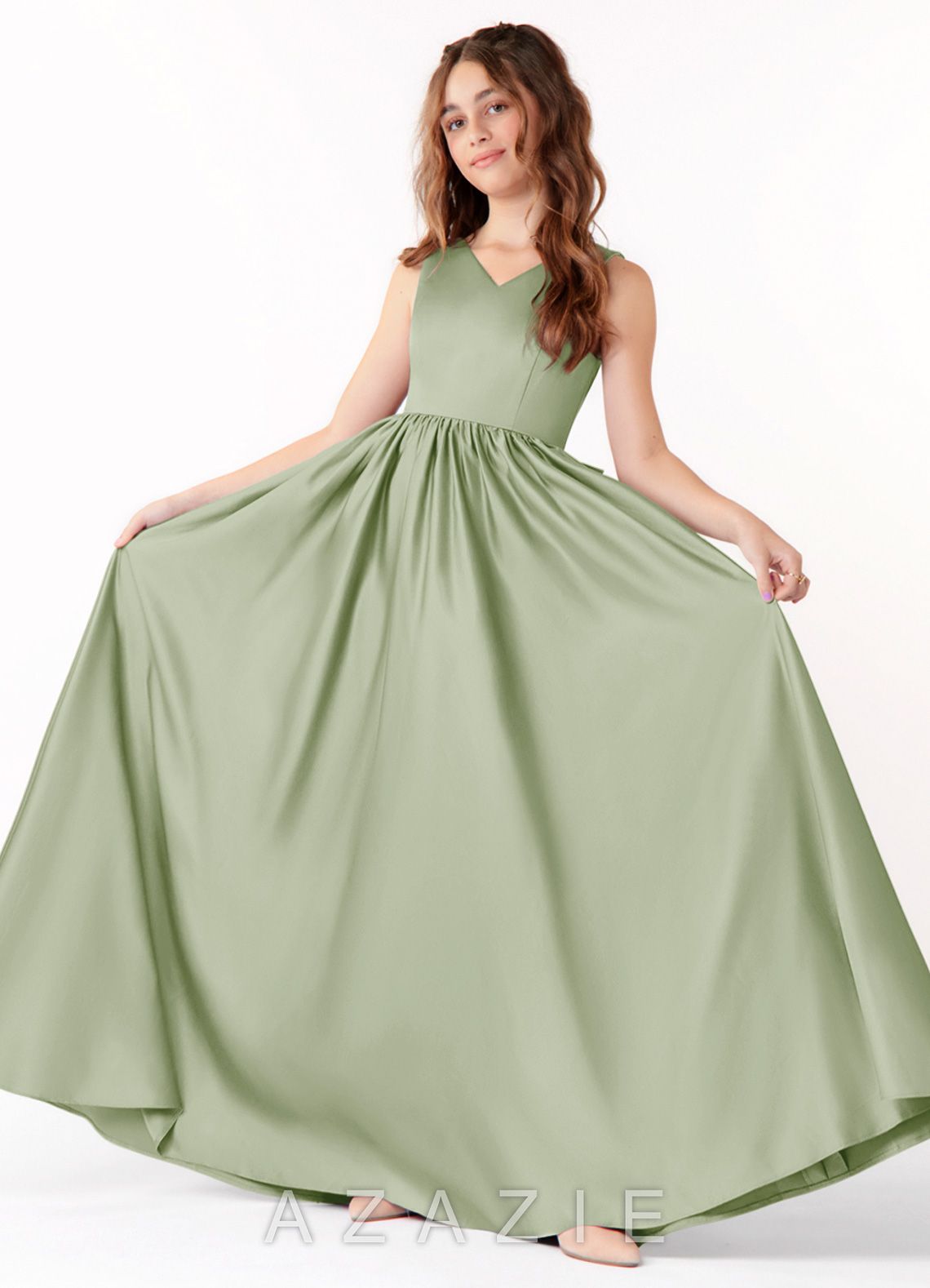 Azazie Hathaway Junior Dusty Sage A-Line Bow Stretch Satin Dress dusty_sage