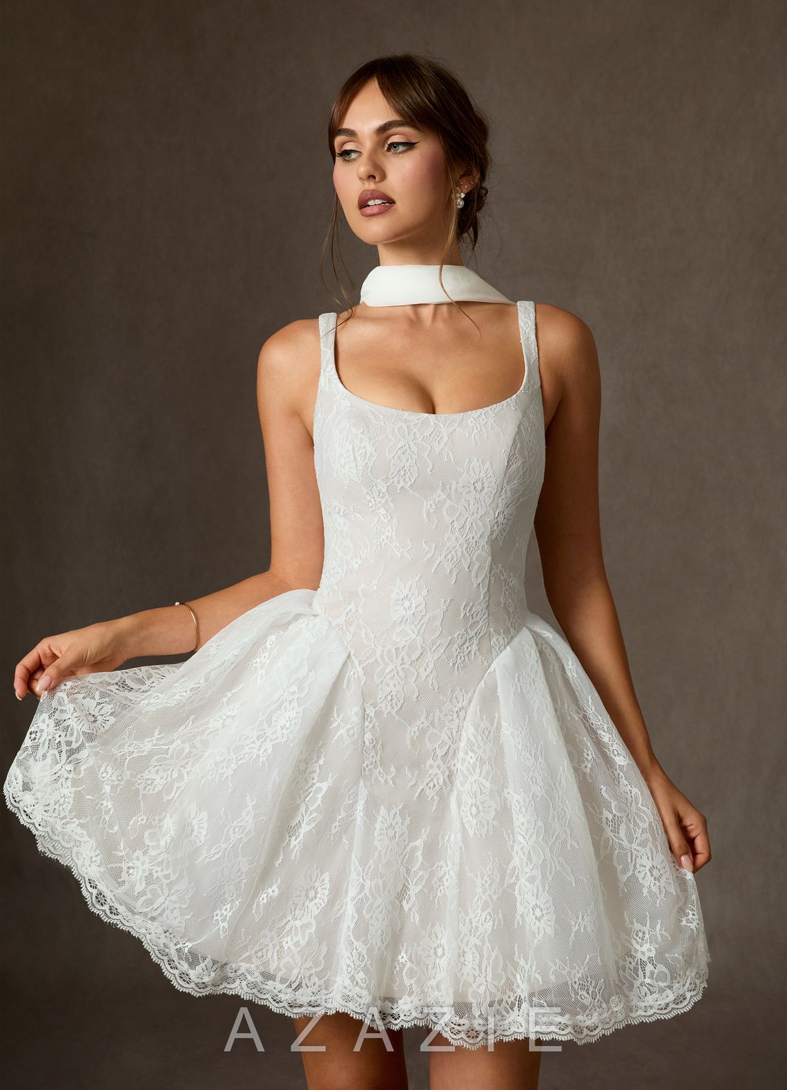 Azazie Dawn Diamond White A-Line Lace Dress
