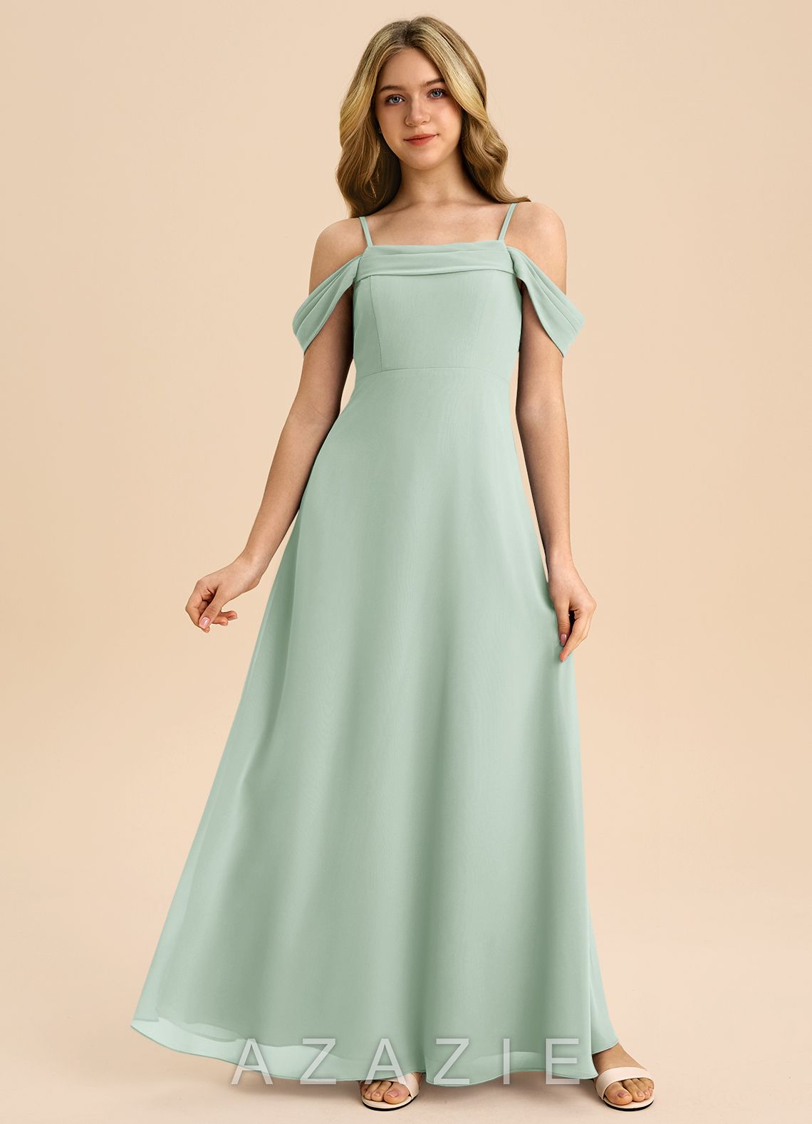 Azazie Anselie Junior Agave A-Line Off the Shoulder Chiffon Dress