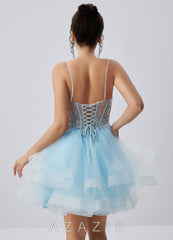 Katia Sky Blue Spaghetti Strap Tulle Lace-Up Mini Dress
