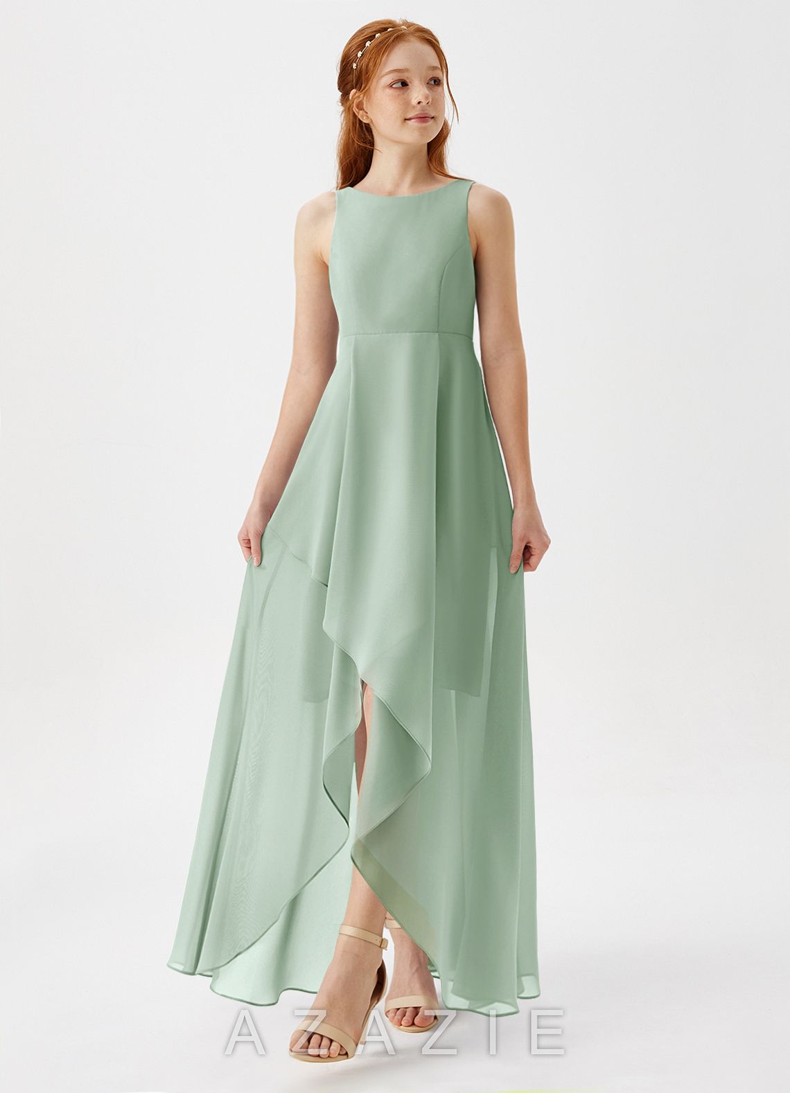 Azazie Lizette Junior Agave A-Line Pleated Chiffon Dress agave