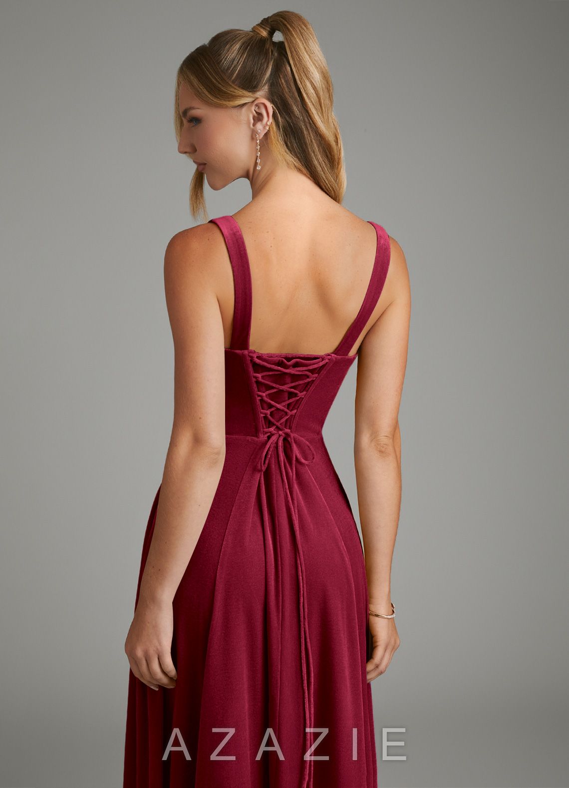 Azazie Shaude Burgundy A-Line Pleated Velvet Dress burgundy