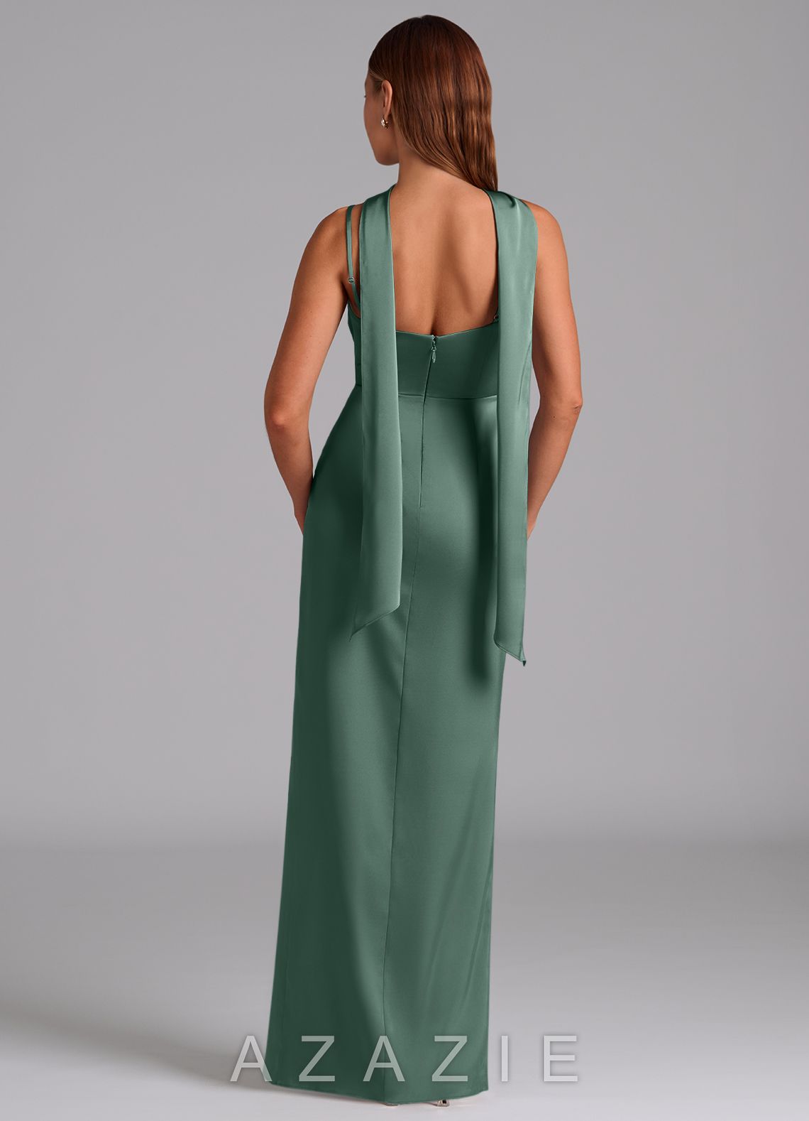 Azazie Calandra Eucalyptus Sheath Pleated Stretch Satin Dress eucalyptus